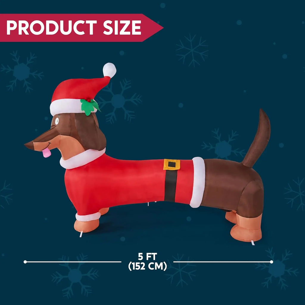 Wagglebright dimension graphic showing the dachshund inflatable is approximately five feet long.
