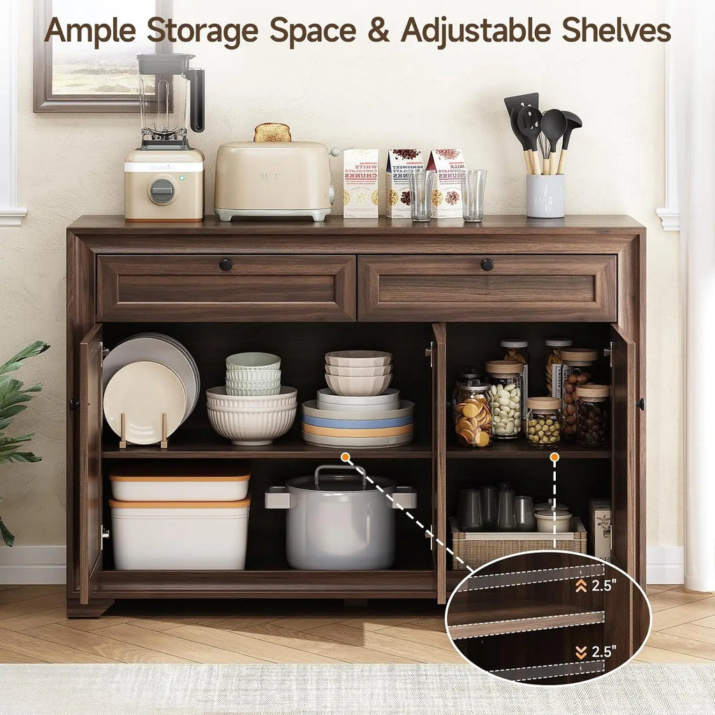 Open Olive Brown sideboard showing two interior shelves and three hinged doors.