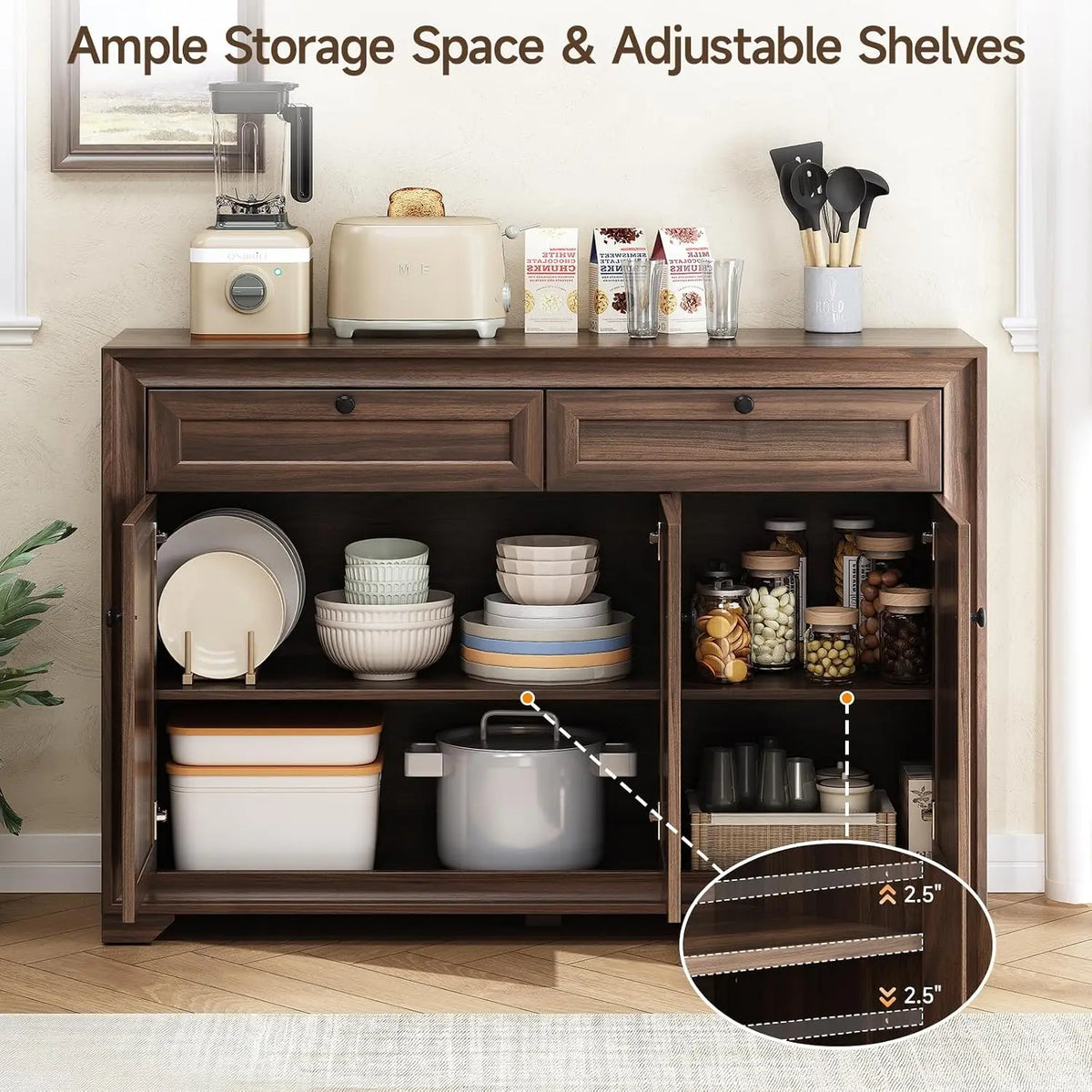 Open Olive Brown sideboard showing two interior shelves and three hinged doors.