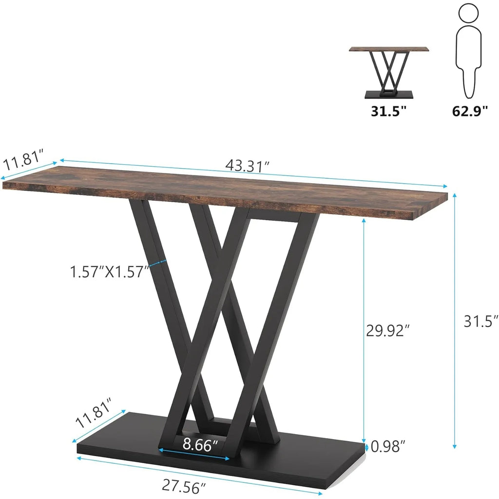 Wooden table with metal legs and dimensions labeled on a white background