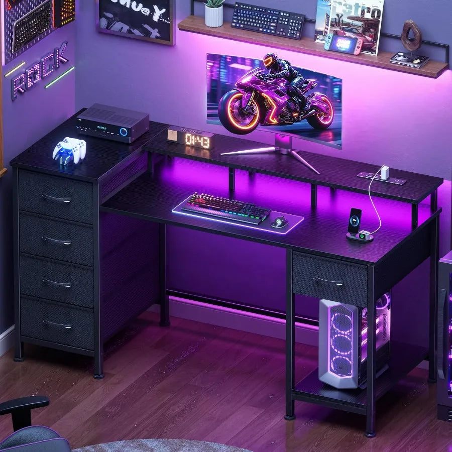 Black storage desk in a purple-lit gaming room