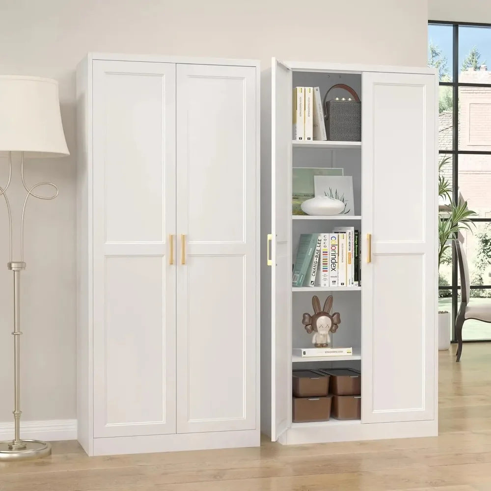 Evrienne White metal pantry cabinet shown in open and closed views in a living space
