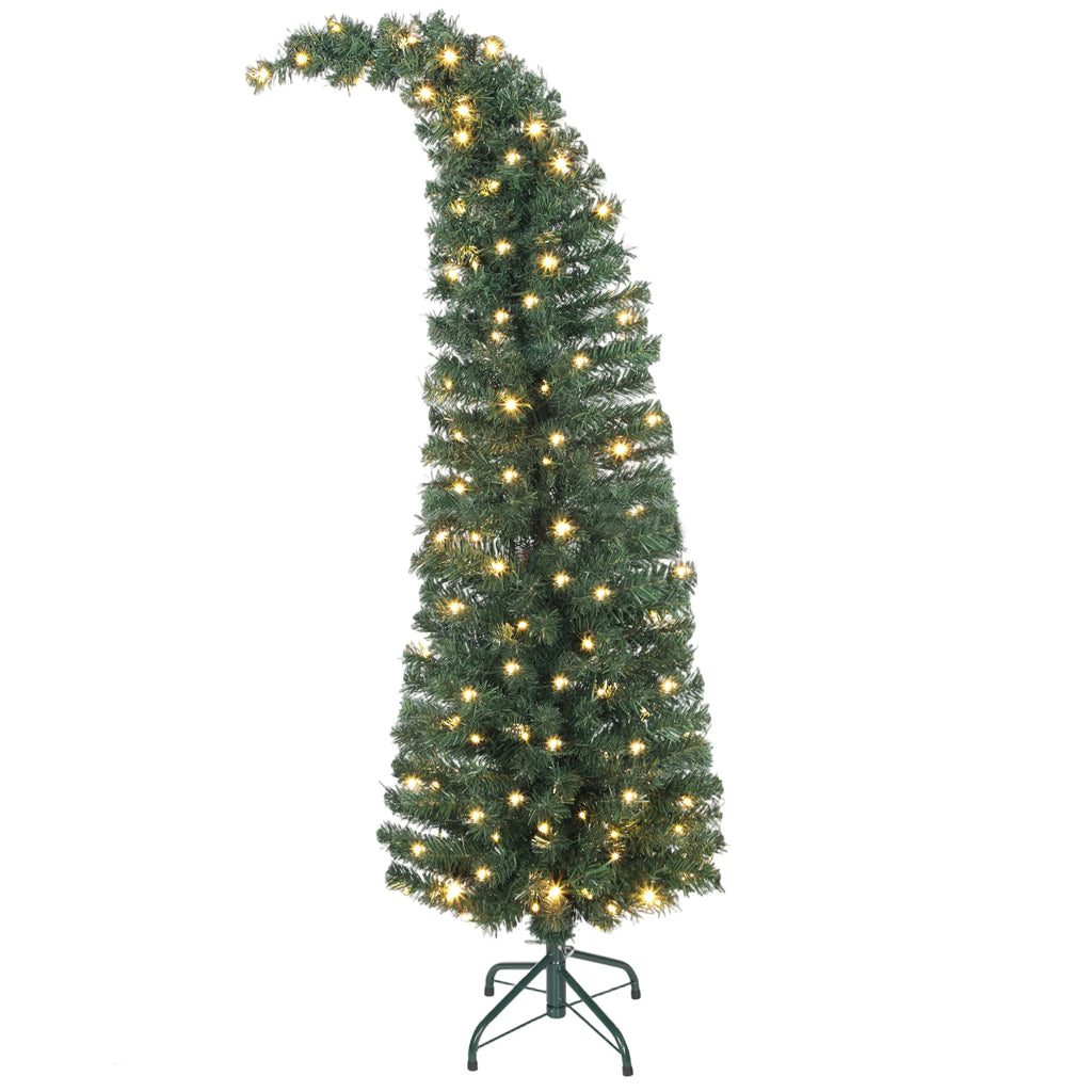 Whimsyglow slim green pre-lit Christmas tree with a bent top and warm white lights