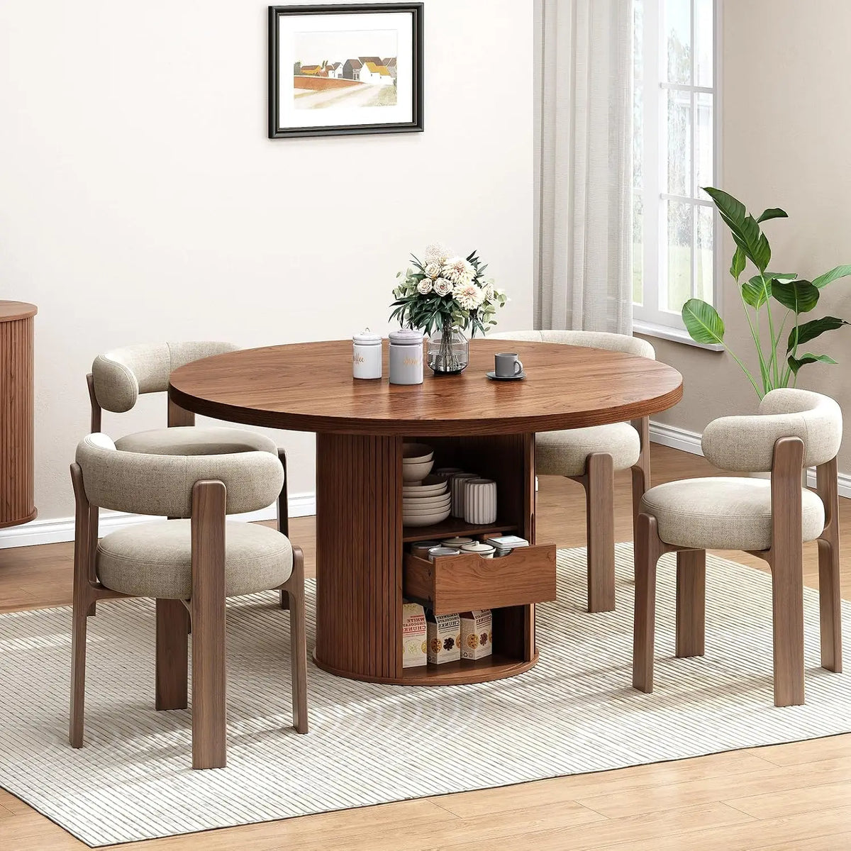 Rhymelark round dining table with open pedestal drawer and four chairs