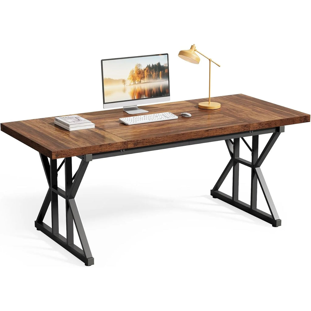 Wooden desk with computer setup on a white background