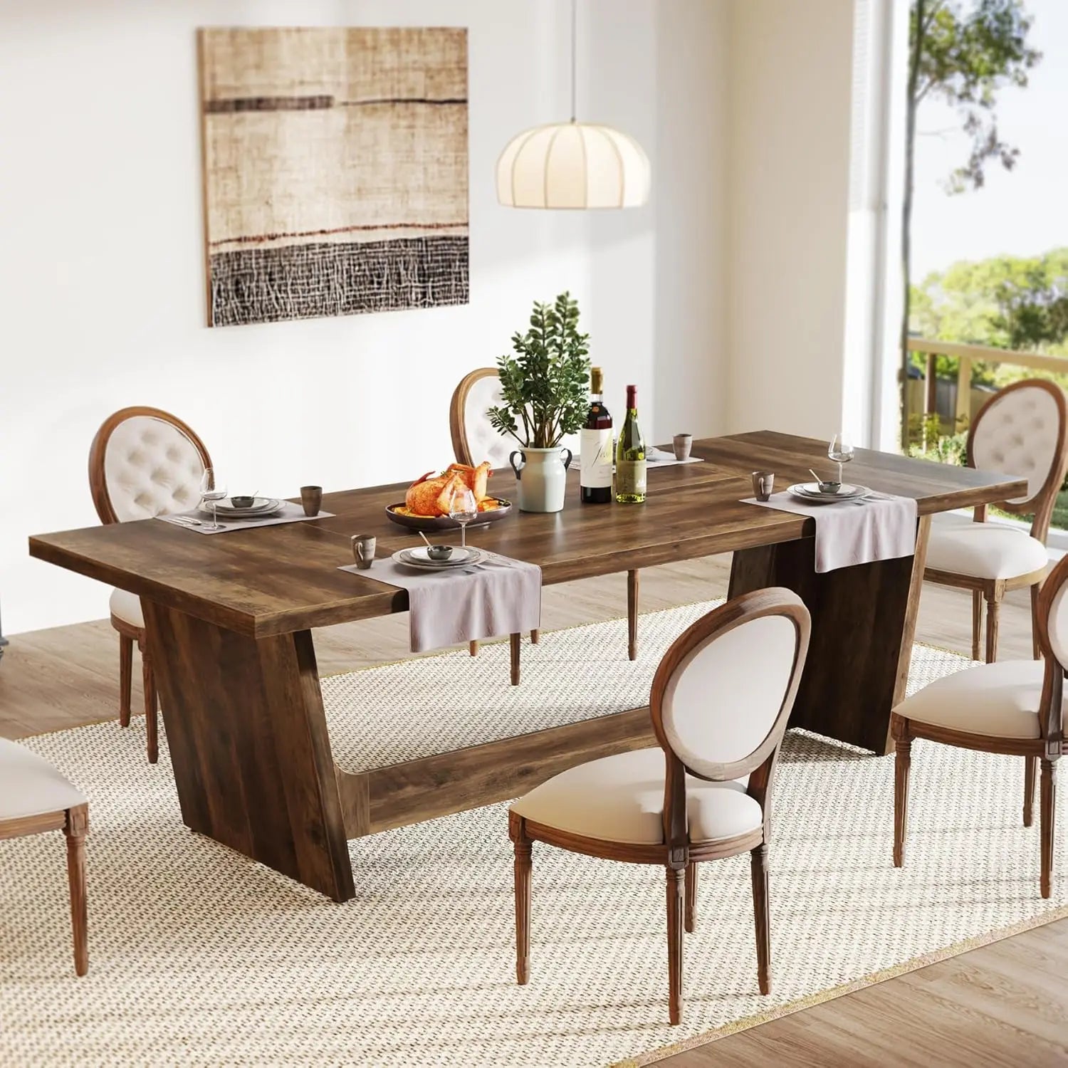 Rectangular Dining Table with Modern Trestle Base