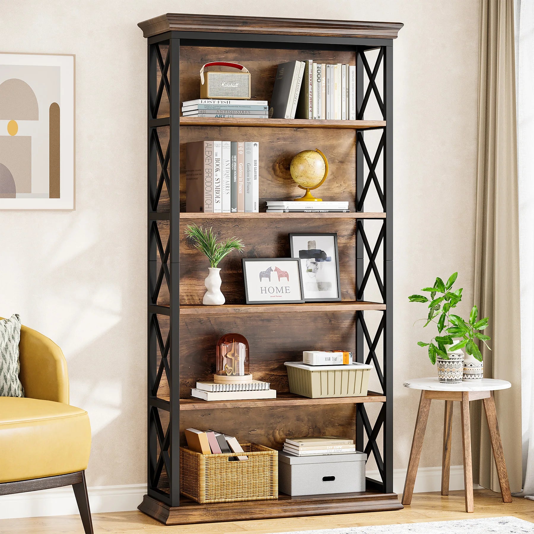 Wooden bookshelf with decorative items in a room setting