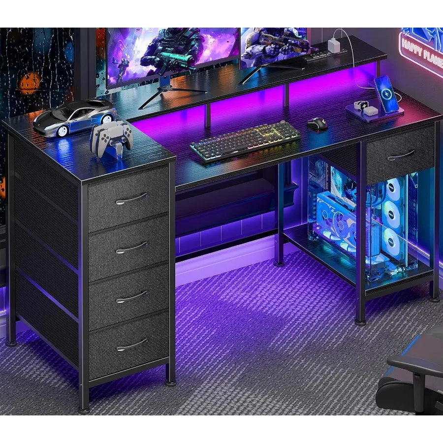 Black gaming desk with four drawers on the left, one on the right and purple LED lighting