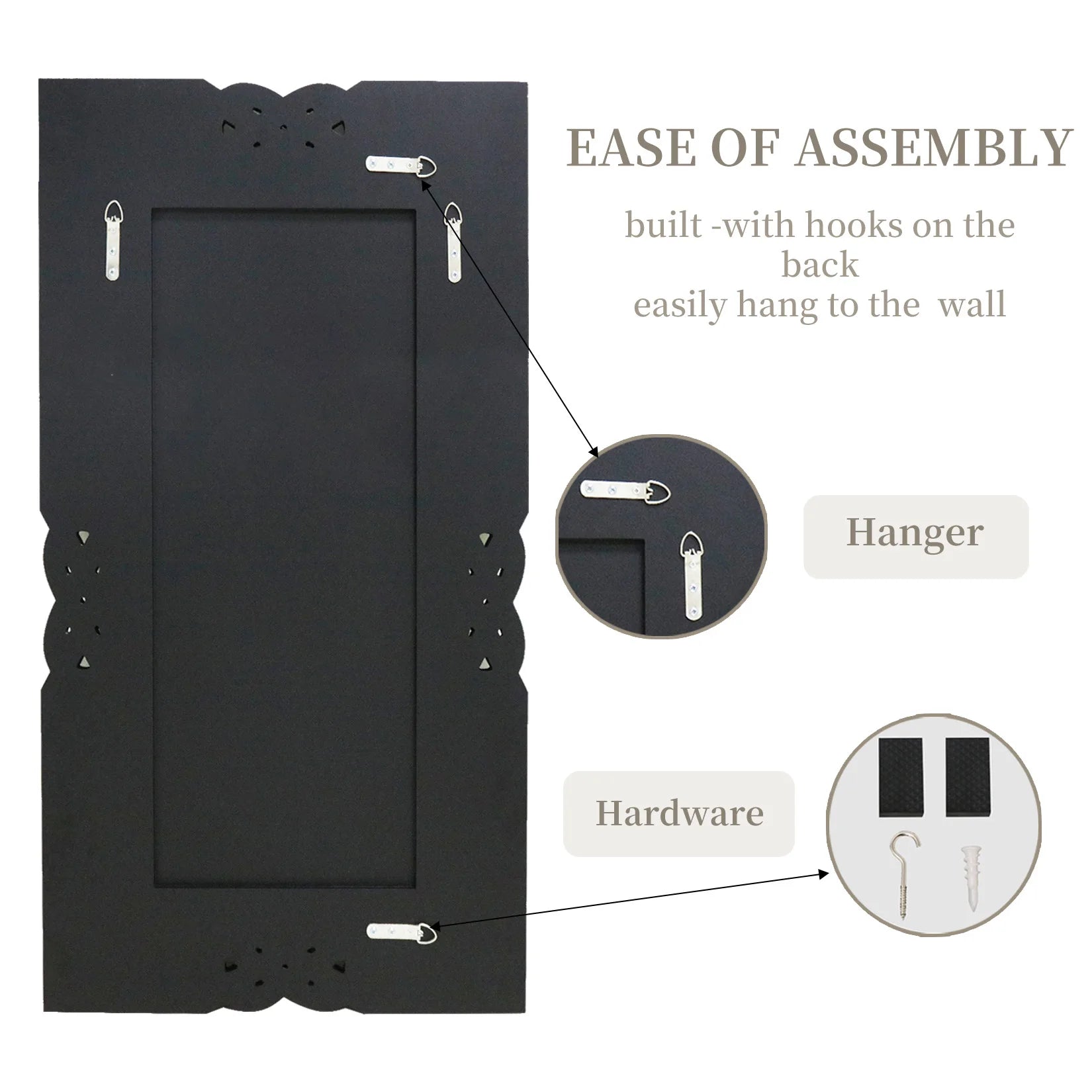 Black decorative panel with hooks on the back for easy wall hanging, showing hardware and hanger components.