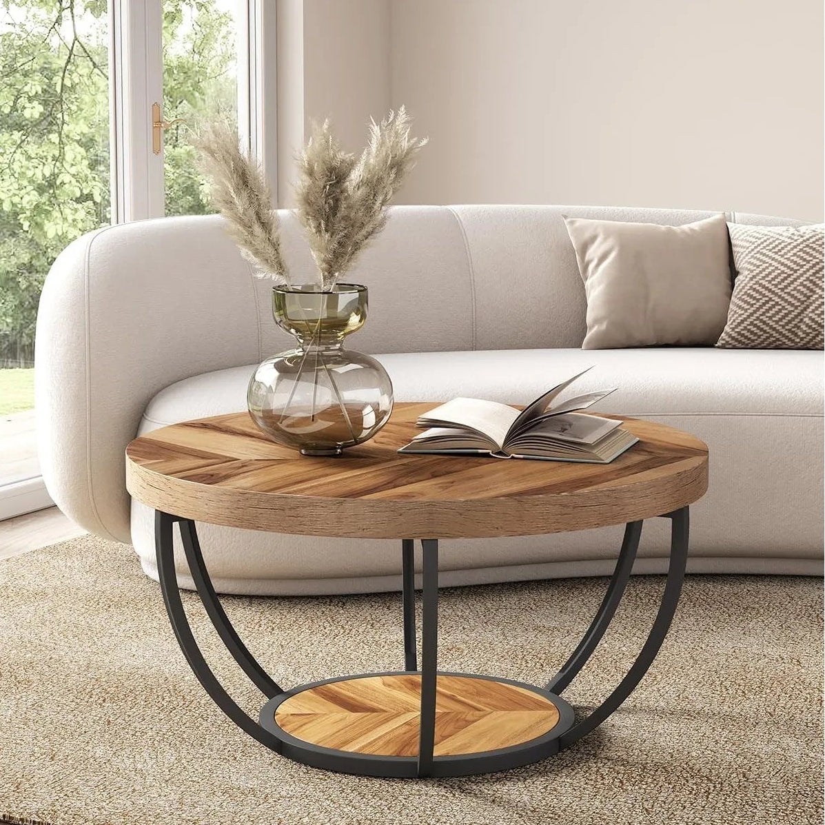 Wooden coffee table with decorative items in a living room setting