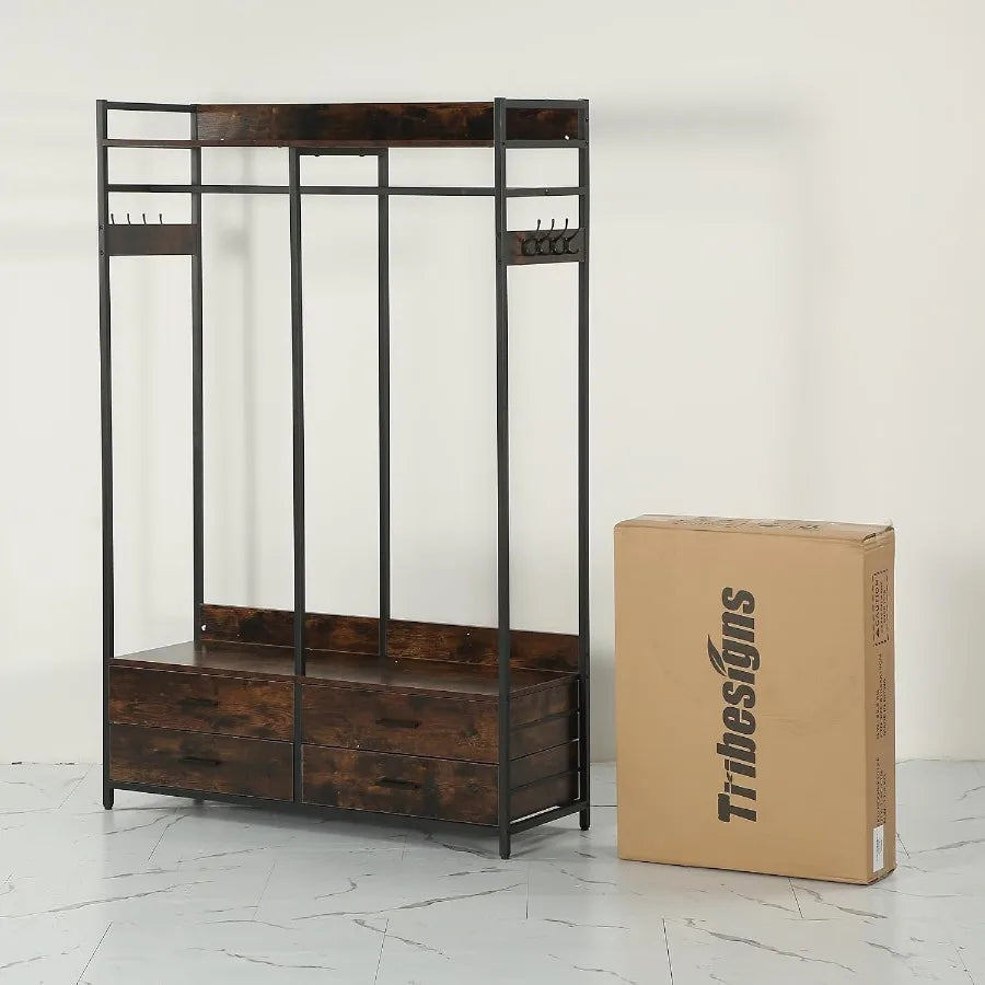 Unstyled rustic-brown garment rack with four drawers and side hooks beside its Tribesigns-branded carton.