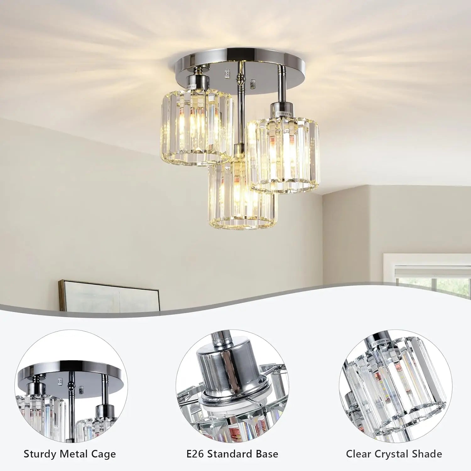 Aureglass Three-Light Crystal Ceiling Fixture