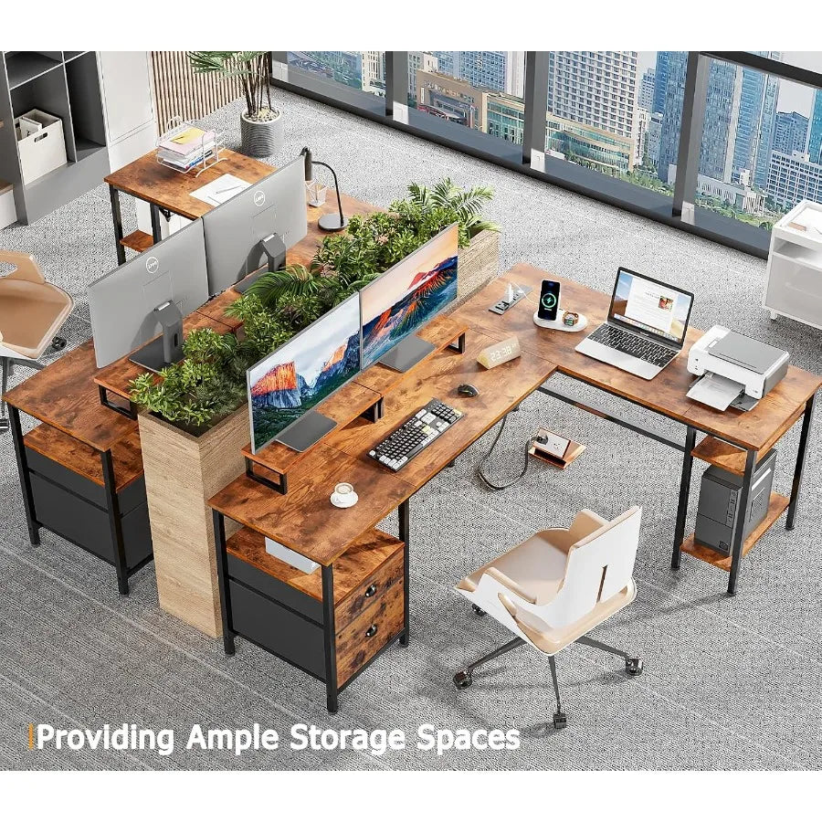 Two rustic brown L-shaped desks arranged back-to-back in an office