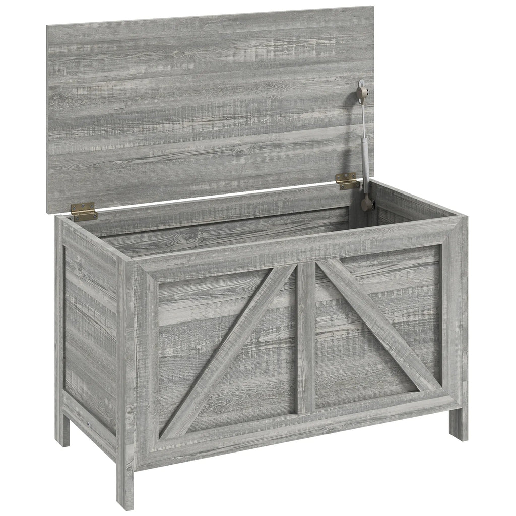 Greywick gray farmhouse storage bench with the lift-top lid open and support hardware visible
