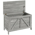 Greywick gray farmhouse storage bench with the lift-top lid open and support hardware visible