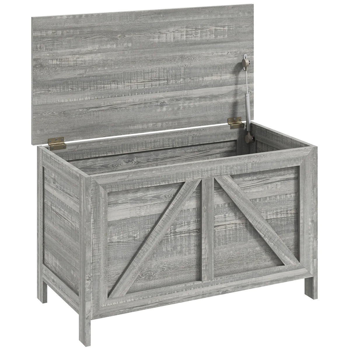 Greywick gray farmhouse storage bench with the lift-top lid open and support hardware visible