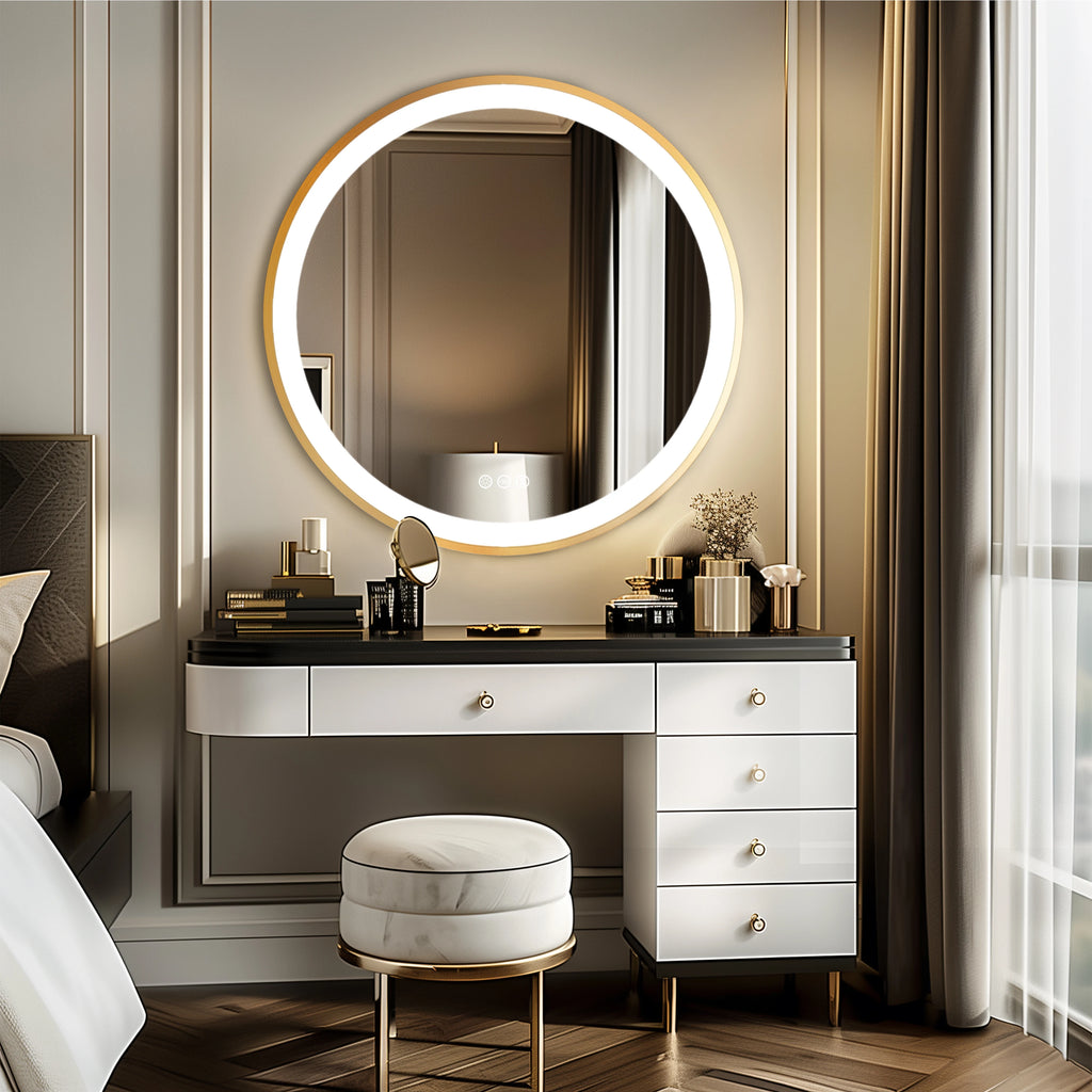 Round LED Bathroom Mirror – Gold Aluminum Frame, Anti-Fog