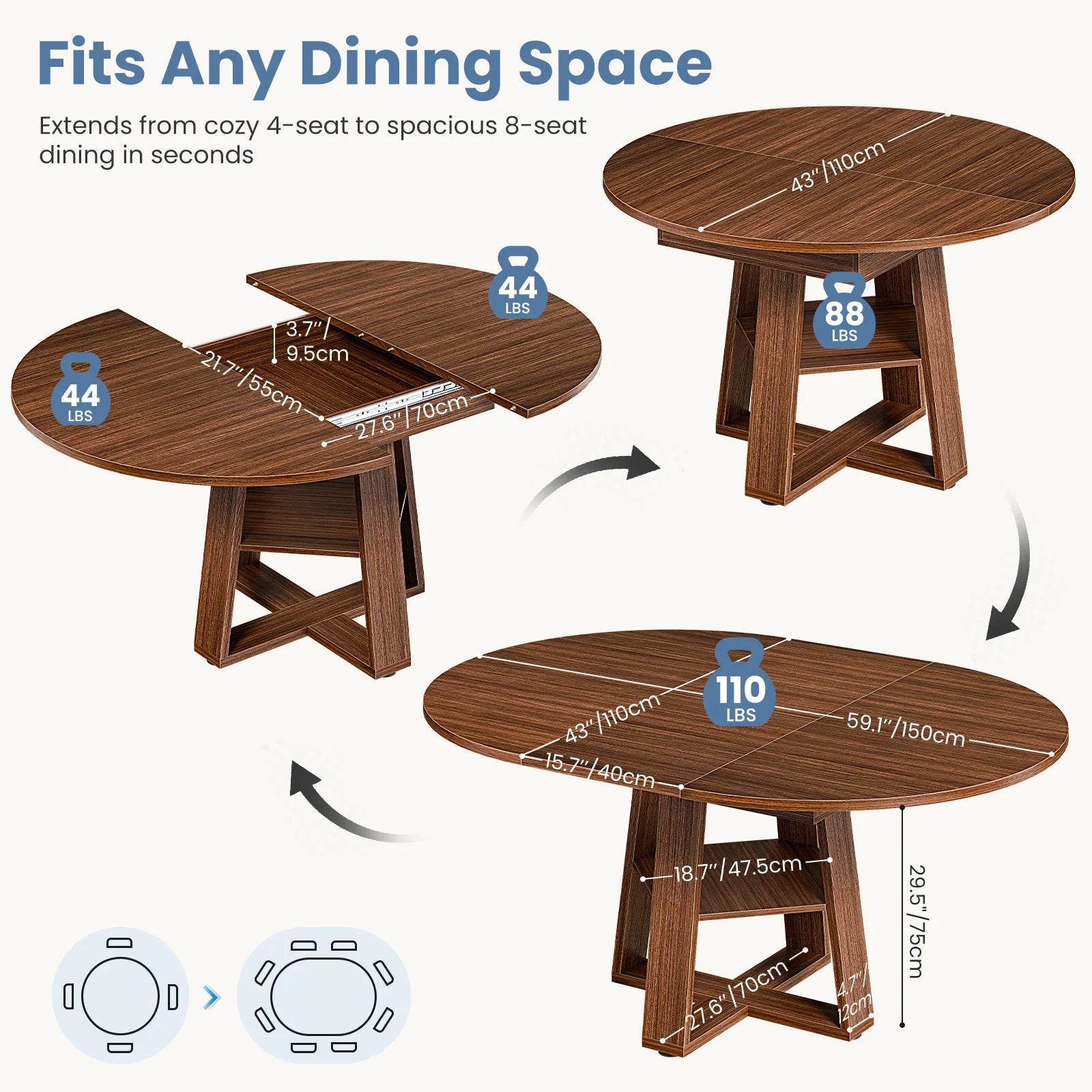 Black folding table with extension mechanism, showing different sizes and weight capacities.
