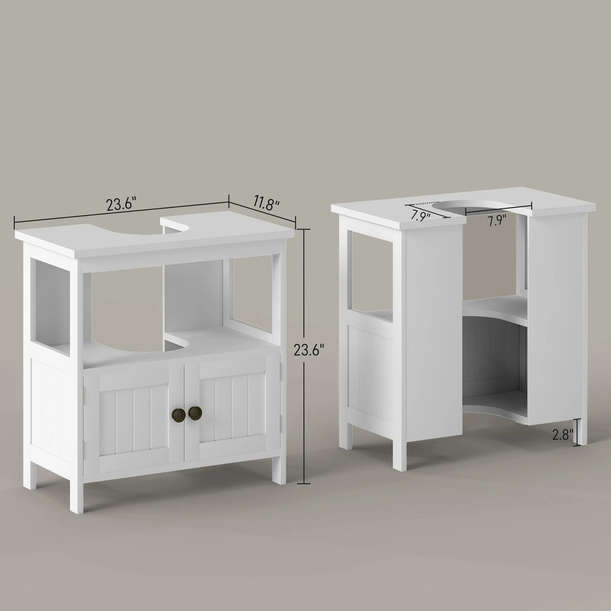 Kleankin cabinet dimension diagram showing the overall footprint, U-shaped opening and raised floor clearance