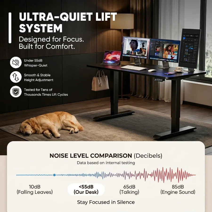 Desk lift-system graphic stating an under 55-decibel internal-test noise level