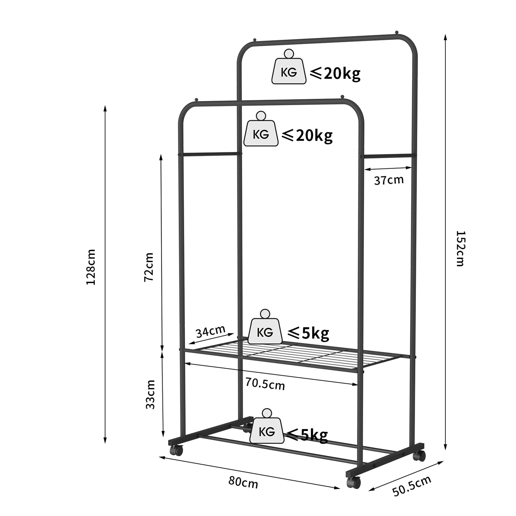 Measurement chart of a metal rack with weight capacity indicators.