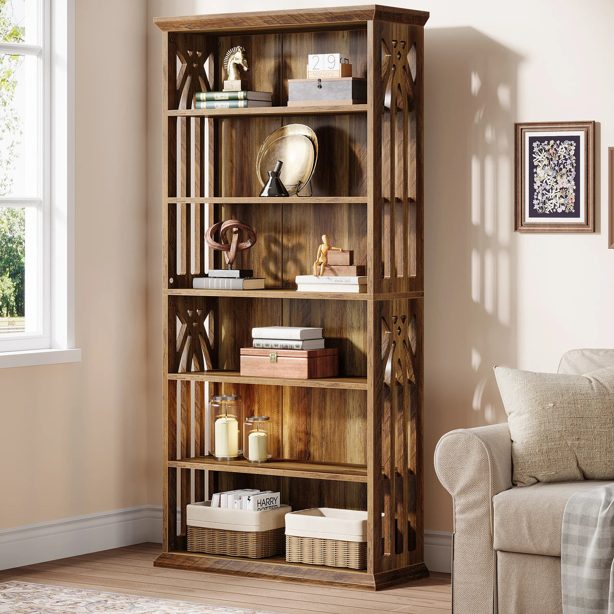 Lullabycharm brown six-tier woodgrain shelf with open shelves, stacked books and vases beside window