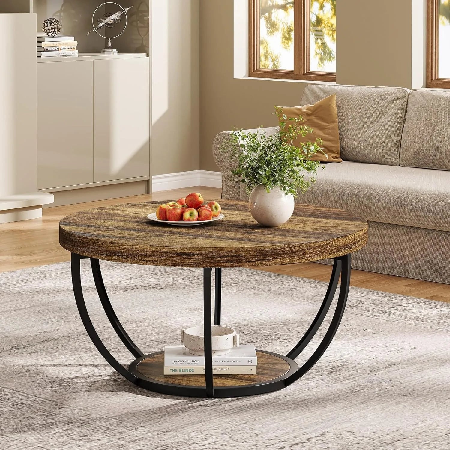 Round Coffee Table with Sculptural Frame and Open Shelf