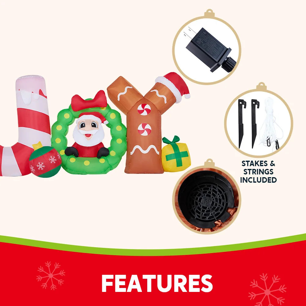 Joyribbon fabric, built-in blower, power adapter and outdoor anchoring accessory details.