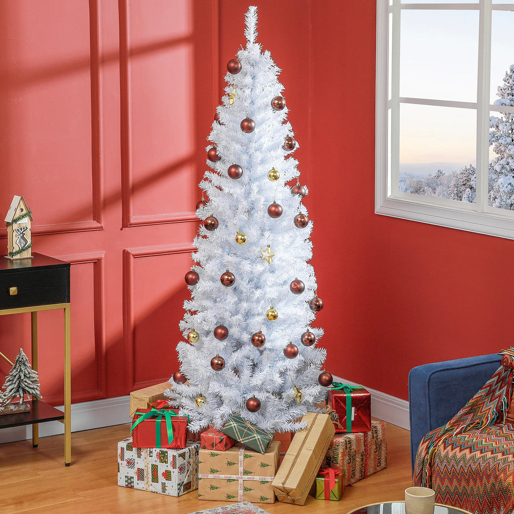 Eversnow white pencil tree styled with ornaments in a holiday room