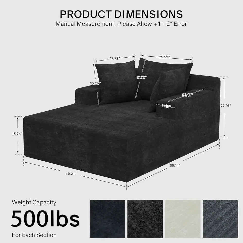 Velisette chaise dimensions showing a 49.21-inch width, 66.14-inch depth and 27.16-inch fixed-body height