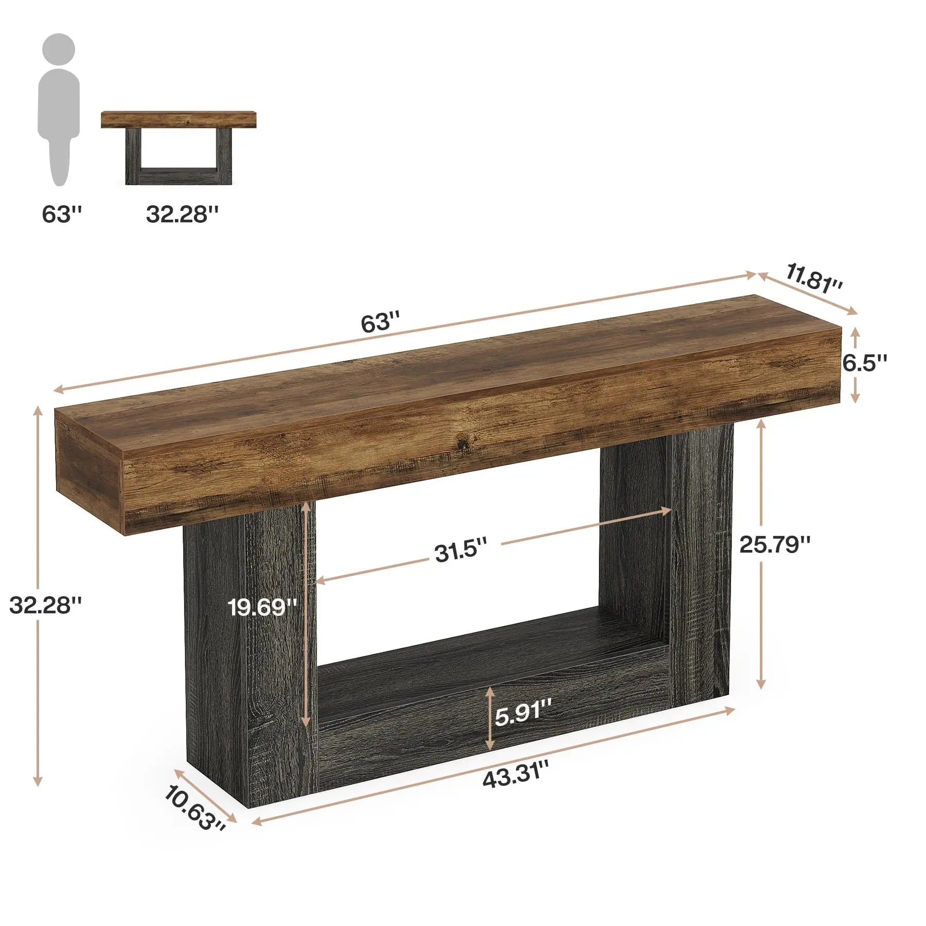 Wooden console table with dimensions labeled on a white background