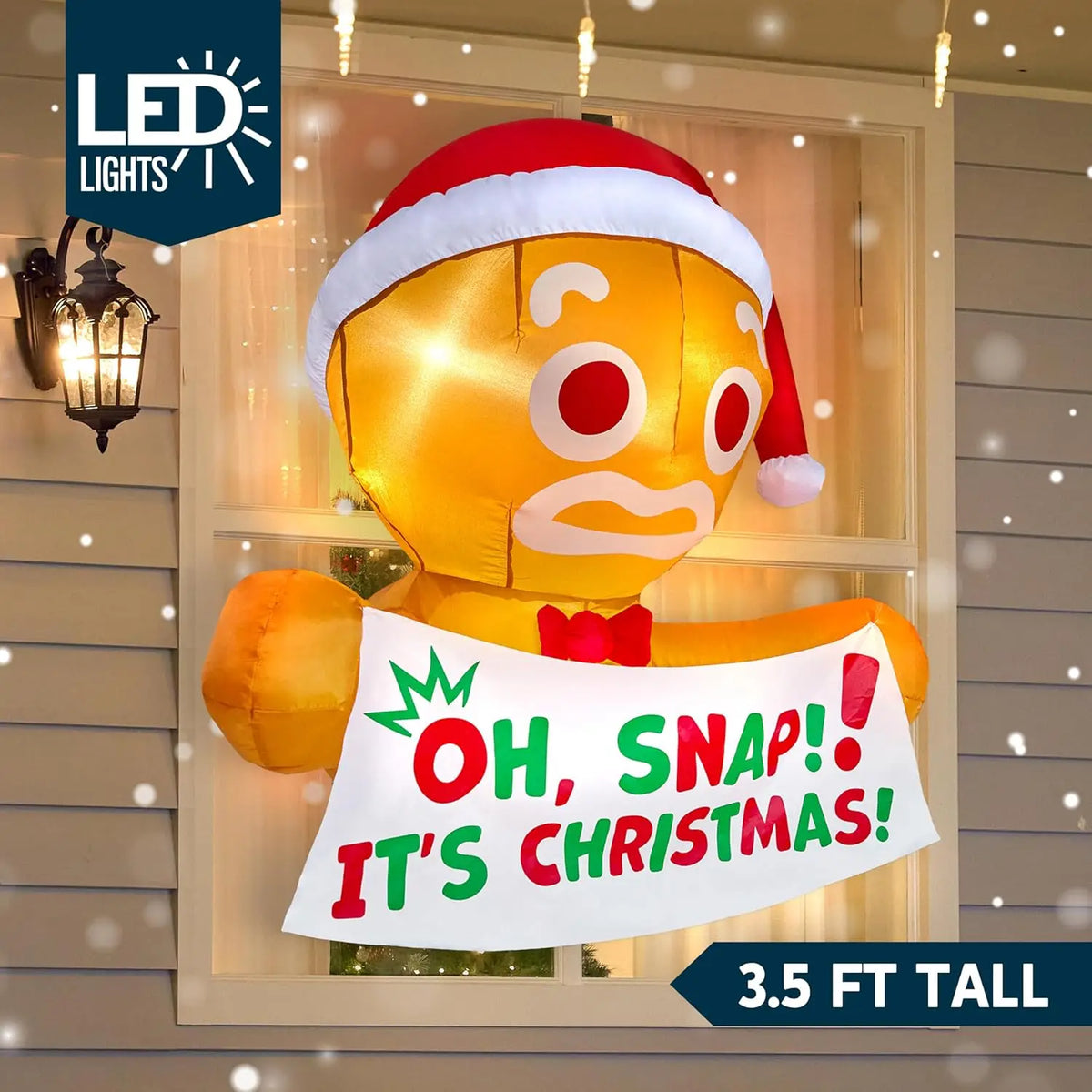 Gingerpeek illuminated gingerbread window decoration with a three-and-a-half-foot height label.