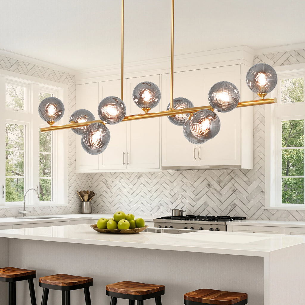 Orbstem linear glass chandelier styled in an indoor seating space.