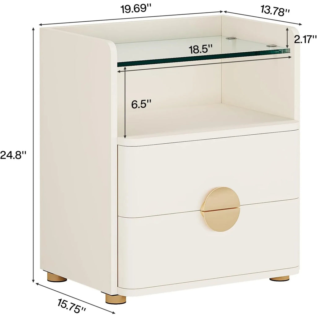 White nightstand with gold accents and dimensions displayed