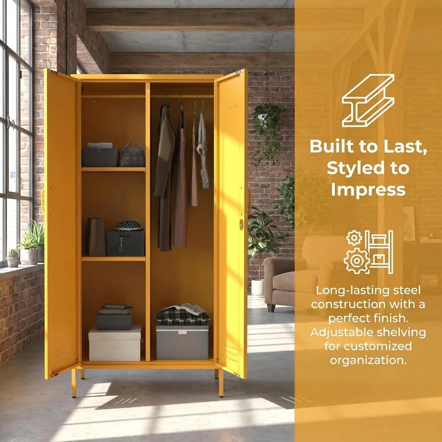 Steel wardrobe feature graphic showing two shelf columns and a hanging section.