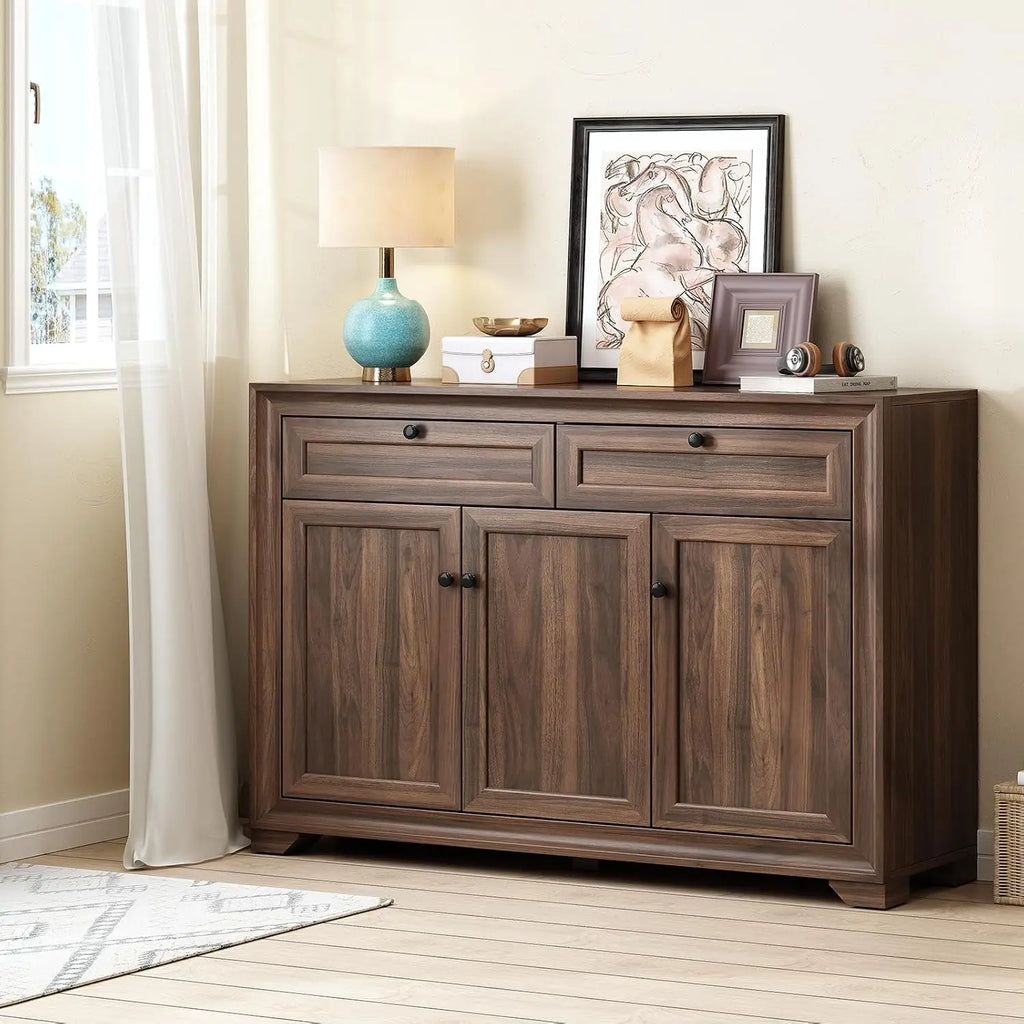 Olive Brown sideboard with paneled doors, two drawers and short block feet.