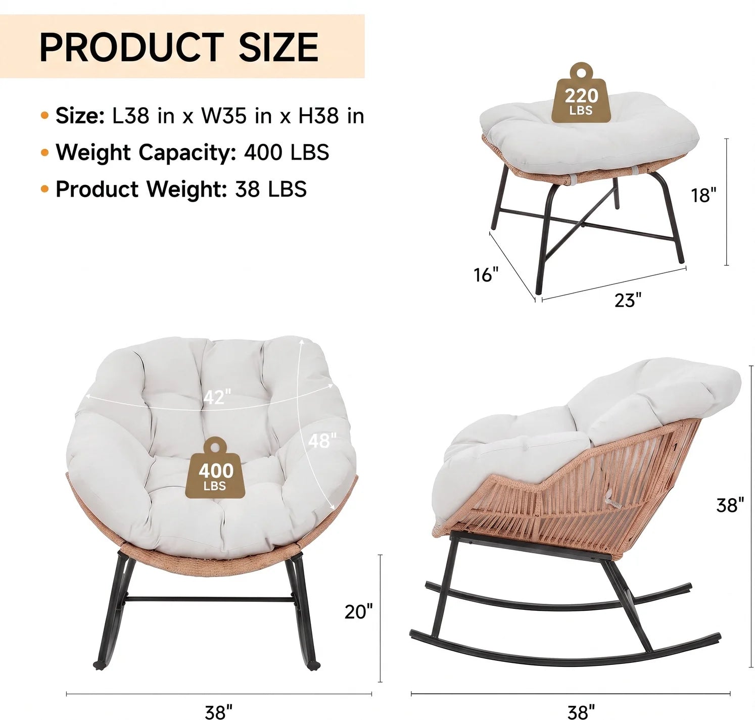 Harper Rattan Papasan Rocking Chair with Ottoman