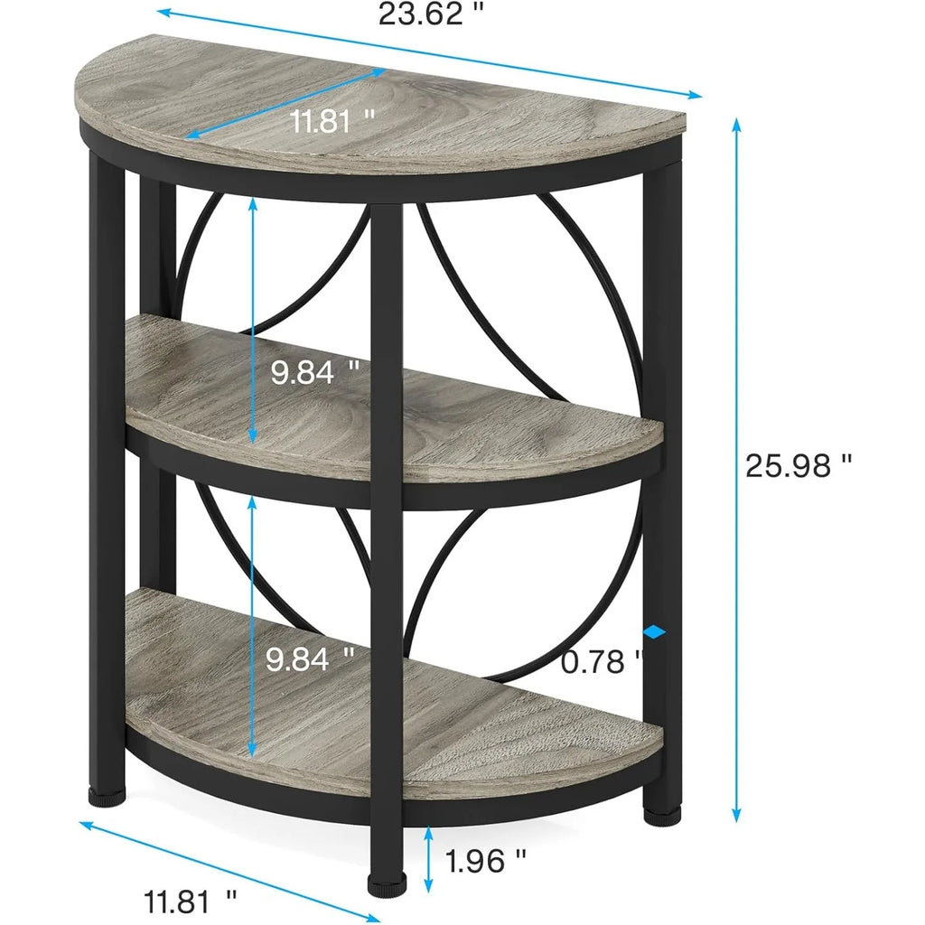 Three-tiered side table with dimensions labeled on a white background