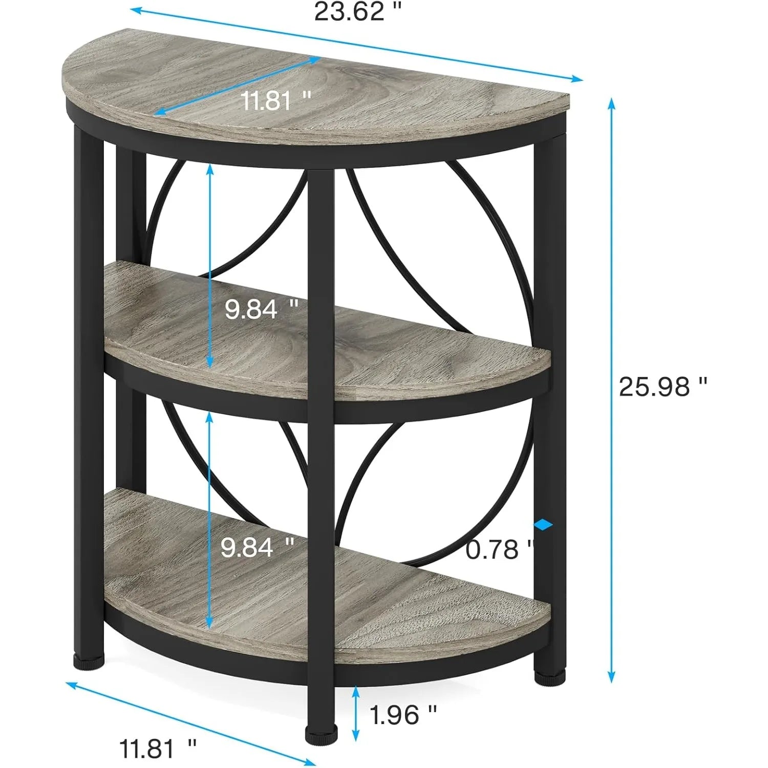 Three-tiered side table with dimensions labeled on a white background