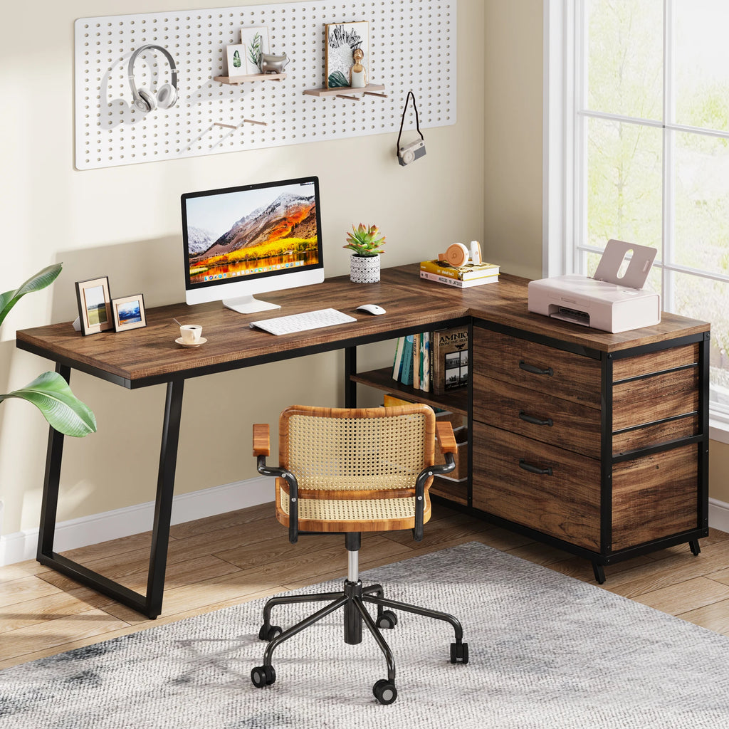 Prismveil L-shaped desk with three storage drawers and open shelves