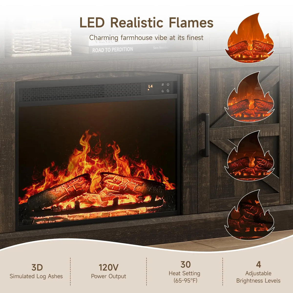 Electric fireplace detail showing simulated log flames, a 120V label and four adjustable flame-brightness levels.
