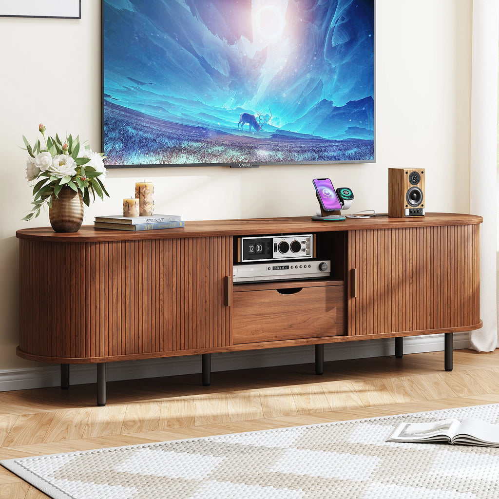 Sunbeamsong Walnut TV stand with curved sliding doors and a center drawer beneath a wall-mounted TV