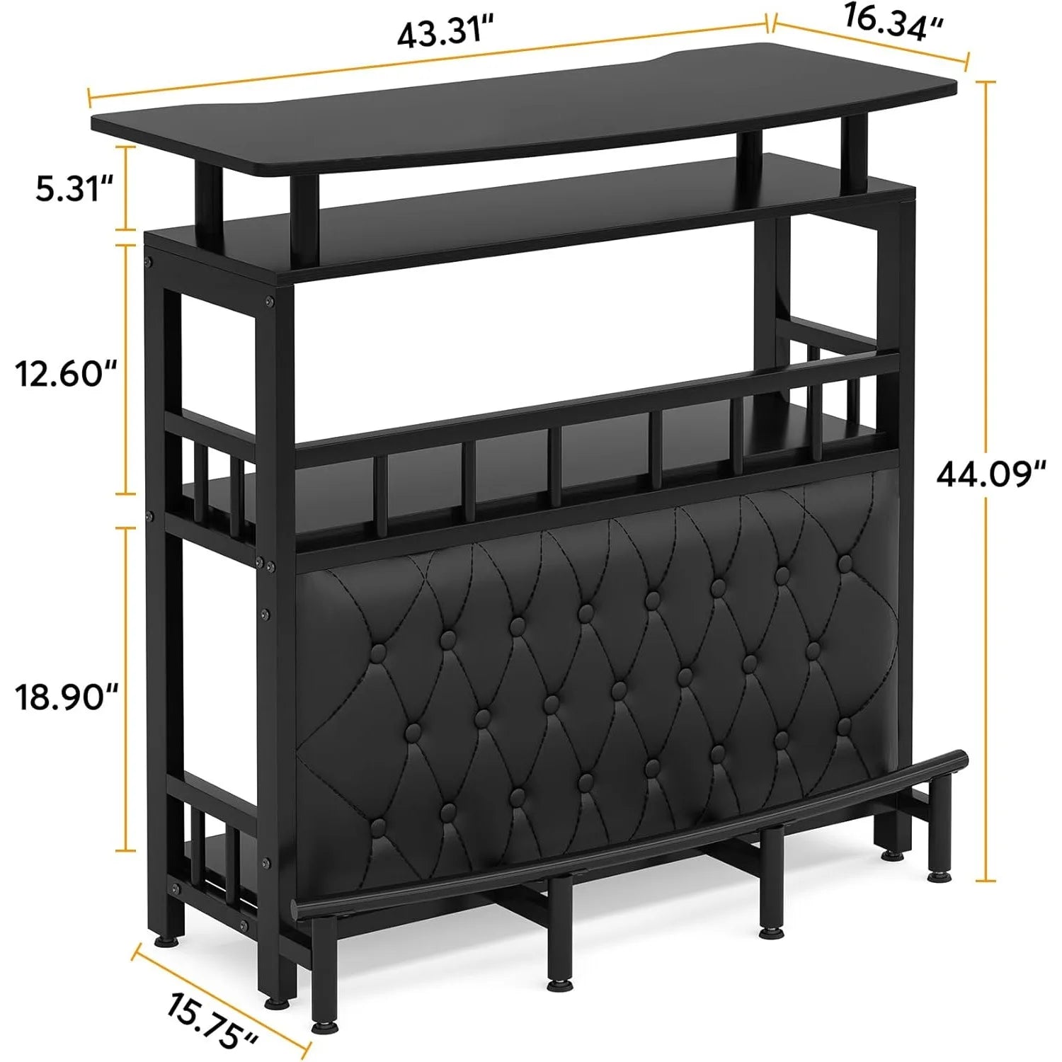Black bar height table with dimensions labeled on a white background