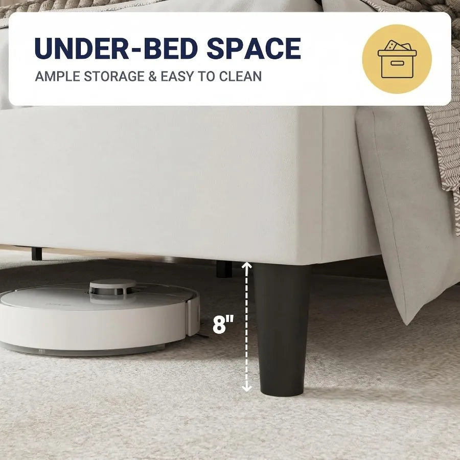 Underbed clearance detail labeled 8 inches beside a robot vacuum.