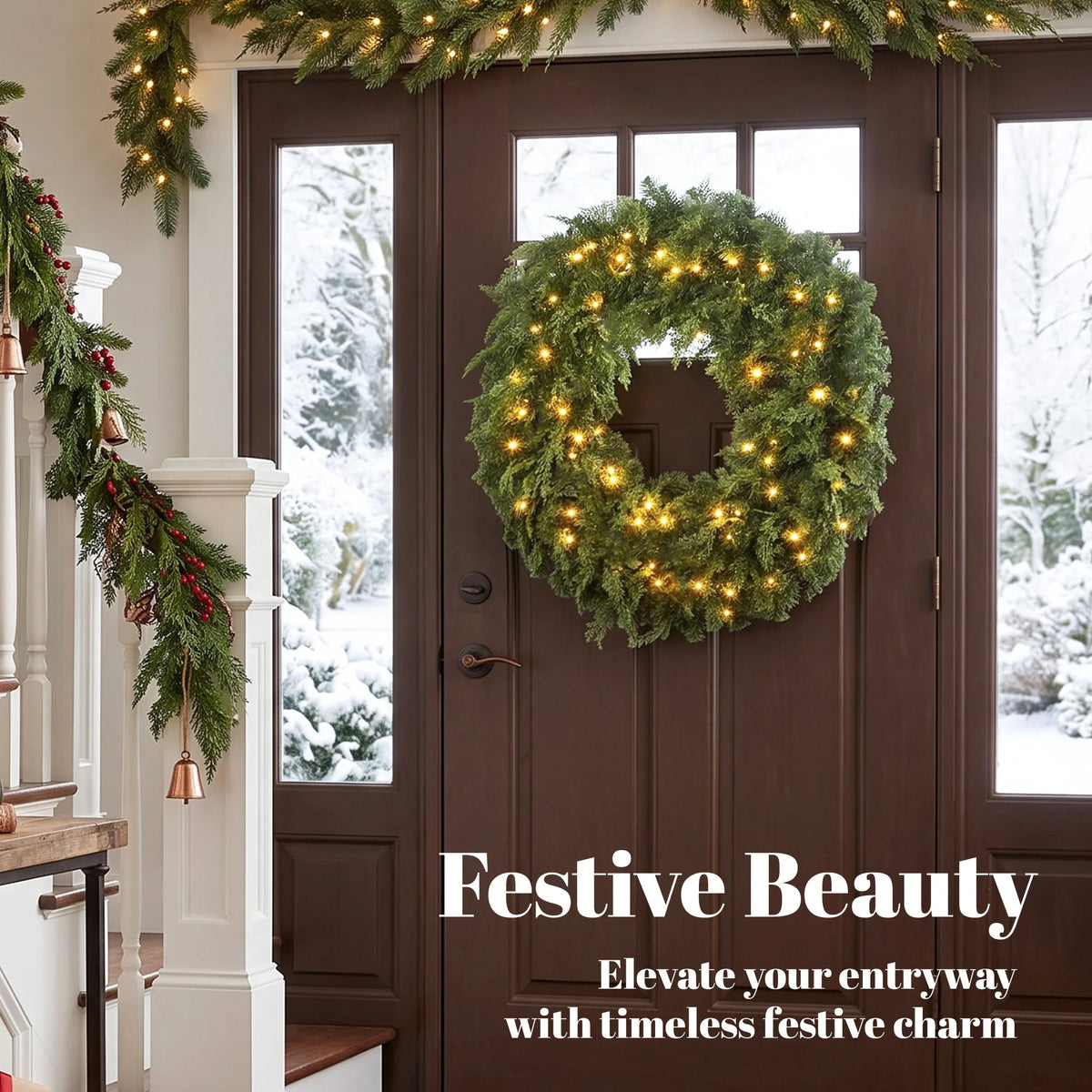 Cedarwick lighted Christmas wreath displayed on a front door