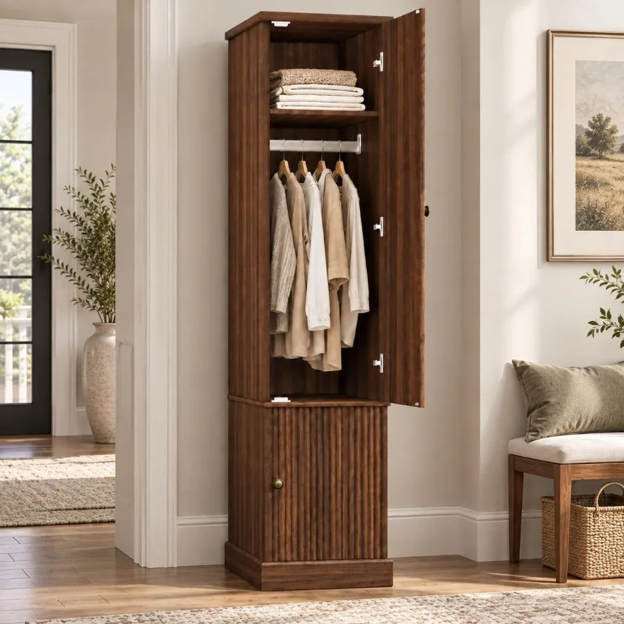 Narrow retro-brown wardrobe with the tall upper door open to show a hanging rod and shelf above a lower fluted door.
