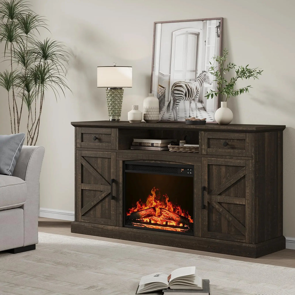 Rustic brown fireplace TV stand with two drawers and side cabinets, staged beside a sofa in a living room.