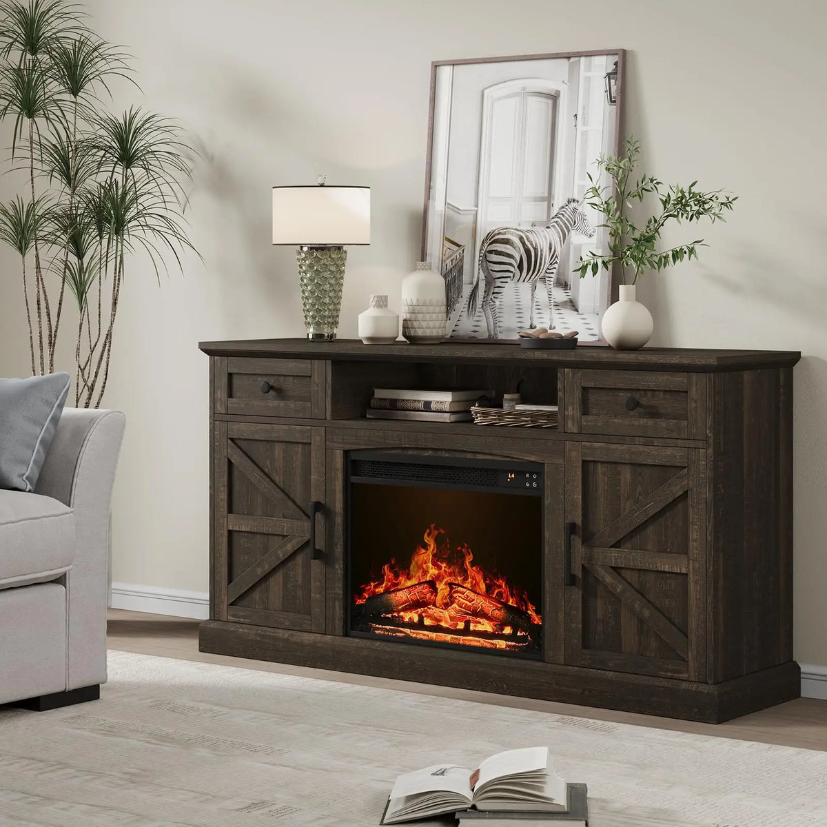 Rustic brown fireplace TV stand with two drawers and side cabinets, staged beside a sofa in a living room.
