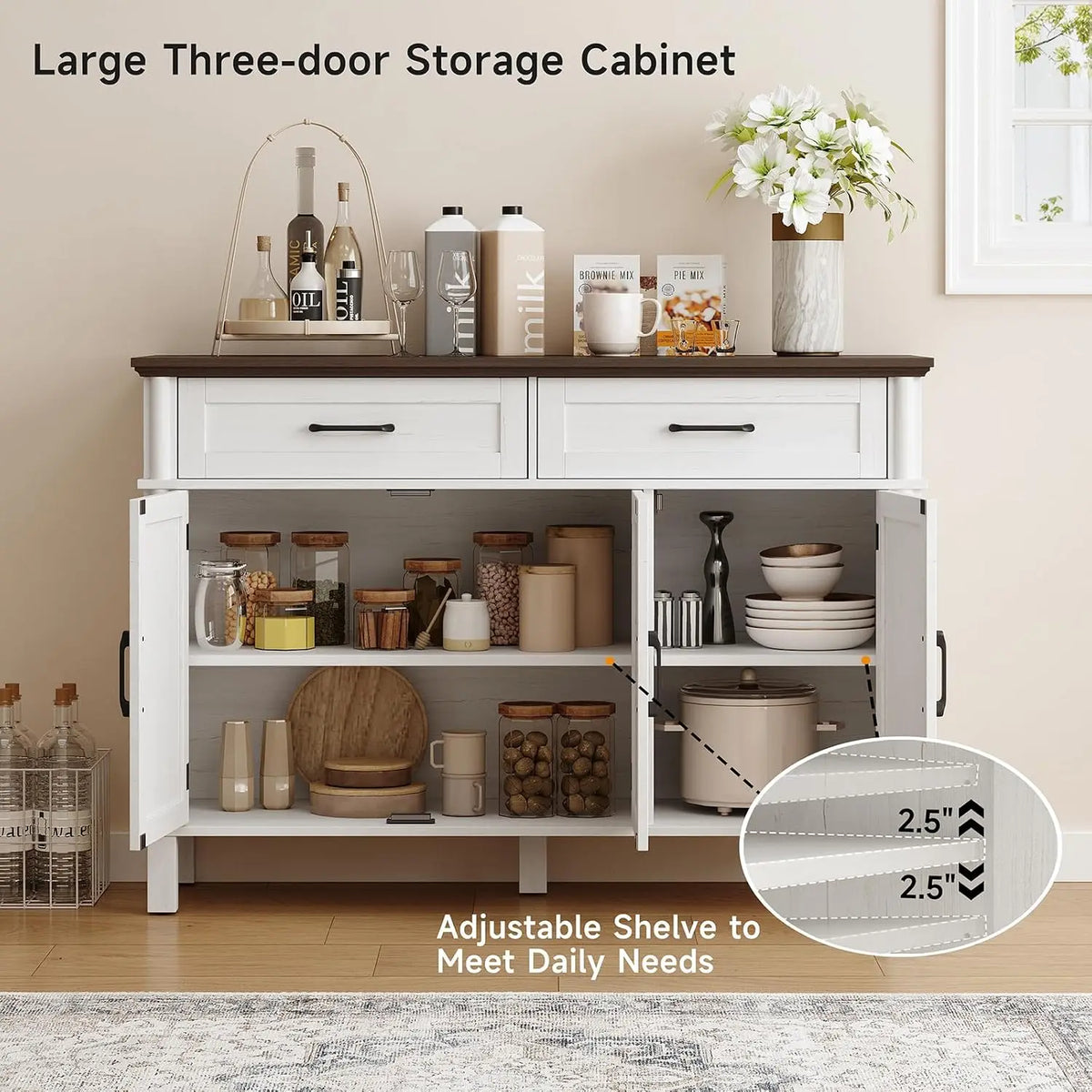 Ivory Reedhalo sideboard with open cabinet doors and a diagram of adjustable shelf positions