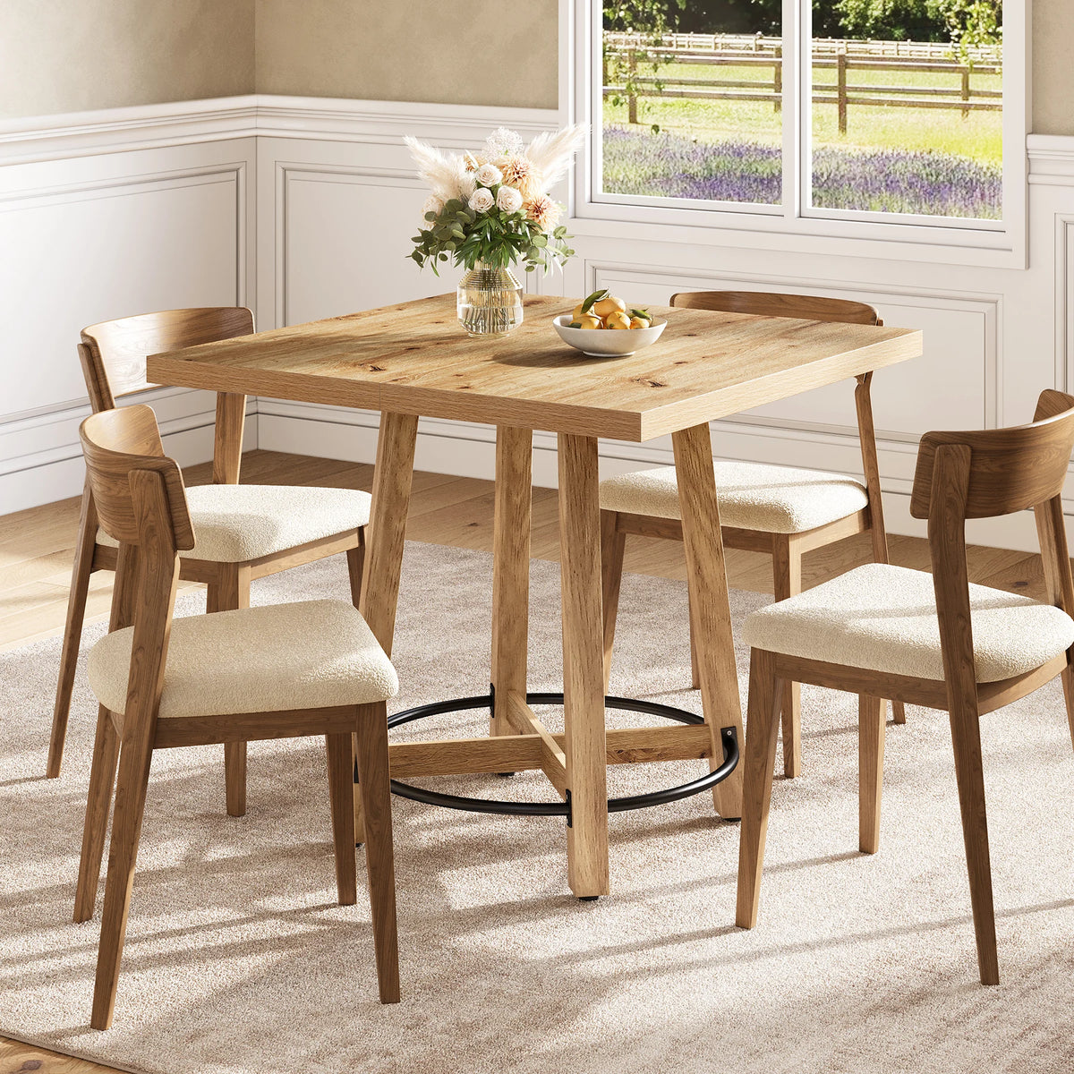 Starlinglark square wood-grain dining table with four legs and a black support ring